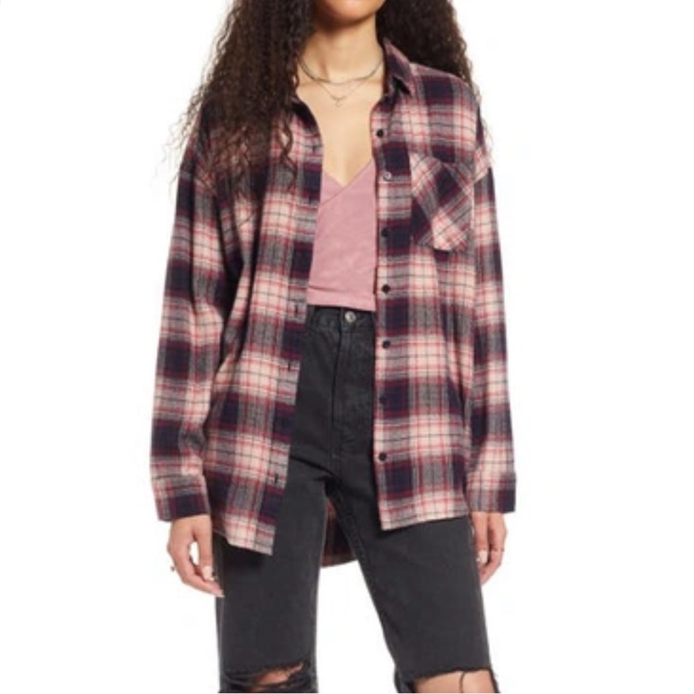 BP Boyfriend Plaid Button-up Flannel Shirt in Pink Adobe